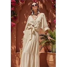 Fashion Cocktail Midye İstiridye Deniz Kabuğu V-yaka Bağlamalı Crop Dizaltı Lastikli Etek Bluz Sahil 2li Bohem Takım Açık Bej