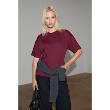 Grımelange Jemmy Kadın %100 Organik Pamuk Relaxed Fit Yırtmaçlı Yuvarlak Yakalı Bordo T-shirt Bordo