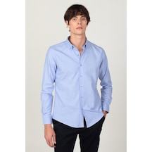Tudors Slim Fit Uzun Kol Yaka Düğmeli Yaka İçi Biyeli Erkek Gömlek-26219 Mavi
