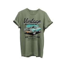 Vintage Motors Yazılı Retro Araba Baskılı %100 Pamuk Regular Fit Unisex T-shirt Haki