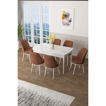 Canisa Zen Serisi 80x132 Mdf Açılabilir Beyaz Mermer Desen Masa Takımı Ve 6 Kiremit Sandalye Masa Beyaz Mermer Desen Sandalyeler Kiremit