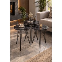 Sulorahome Siyah Mermer Desenli Tel Ayaklı 3'lü Zigon Sehpa Takımı