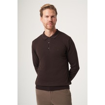 İmza Polo Yaka Uzun Kol Örme Comfort Fit Pamuklu Kazak 1012265007 Kahverengi