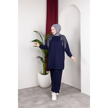 Hira Life Fashion Moda Efsa Kadın Lacivert Tesettür Giyim Zarif Taş Detaylı Tunik & Pantolon İkili Takım Lacivert Lacivert