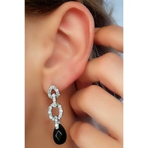 Pırlanta Işıltısında Zirkon ve Oniks Taşlı Gümüş Sallantılı Küpe N11.76116