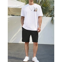 Panda Kung Fu T-shirt Şort - Beyaz Siyah Alt Üst Takım Şort Tişört Kombin Baskılı Bisiklet Yaka Beyaz Siyah
