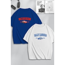 Unisex Kadın Erkek I'm Sally & Mcqueen Cars Baskılı Sevgili Çift Kombini Tasarım Oversize Tshirt 2li Mavi Beyaz Mck0460 Mavi Beyaz