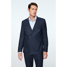 Morven Erkek Lacivert Keten Trend Çizgili Slim Fit Sivri Yaka Kruvaze Takım Elbise 26ys001001200 Lacivert