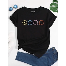 Unisex Siyah Oversize Pac Man Baskılı Örme T-shirt Siyah