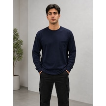 Bisiklet Yaka Sweatshirt Uzun Kollu Kışlık 2 İplik Lacivert