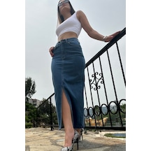 Vikings Jeans Kadın Maxi Denim Etek Likralı Önden Yırtmaçlı Yüksek Bel Mavı Mavi