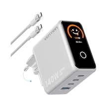 Vention Dash Pro Serisi 140w Gan 5.0 Multi-port Şarj Cihazı Akıllı Dijital Ekran Ve Emoji Göstergeli, Pd 3.1, 3x Usb-c + 1x Usb-a - 240w E-marker Kablo Dahil Beyaz
