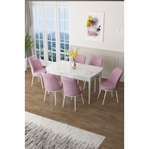 Canisa Concept Zen Serisi 80x132 Mdf Açılabilir Beyaz Mermer Desen Masa Takımı Ve 6 Pembe Sandalye Masa Beyaz/sandalyeler Pembe
