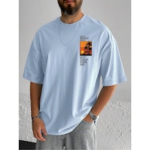 T-shirt - Beach Baskılı Oversize Bisiklet Yaka Kısa Kol Tişört Bebe Mavisi