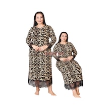 Lady Loepar Desenli Siyah Renkli 7284 Kadın, Uzun Kol Ve Dantel Detaylı Büyük Beden Anne Gecelik, Elbise Leopar