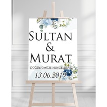 Söz Nişan Düğün İçin 50x70 Karşılama Panosu - Mavi Beyaz Çiçek Tasarımlı