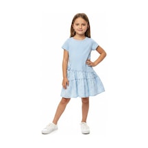 Toontoy Kids Toontoy Kız Çocuk Regular Fit Bisiklet Yaka Fiyonk Detaylı Brode Etekli Kısa Kollu Elbise 25050 Açık Mavi