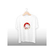 Balıklı Kedi Detaylı Unisex Tişört Beyaz