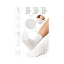 Saysez Bambu Kaydırmaz Taban Silikon Baskı Hac Umre Tavaf Hamile  Pilates Yoga Lastiksiz Çorap 3'lü Beyaz