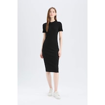 DeFacto Bodycon Vücudu Saran Bisiklet Yaka Basic Düz Fitilli Kaşkorse Kısa Kollu Midi Elbise E6926AX25SPBK81
