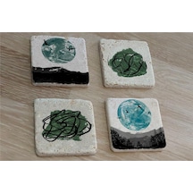 Soyut Tasarım Ve Manzara Doğal Taş Bardak Altlığı 4'lü Set - Natural Stone Coasters - Taş Çok Renkli