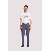 Erkek Lacivert Regular Fit Çizgili Keten Pantolon