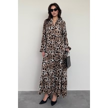 Madmext Kahverengi Leopar Desenli Düğmeli Kadın Elbise Mg2399 Kahverengi