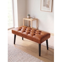 Modern Kapitoneli Taba Deri Kumaş Bench Puf Oturma Bankı Ahşap Siyah Ayaklı Demonte 90x45
