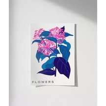 Çerçevesiz Poster Mavi Yaprak Pembe Çiçek