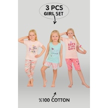 Kız Çocuk 3'lü %100 Pamuklu 1-2-3 Yaş Pijama Takımı Model:130 Çok Renkli