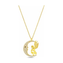 Çekirdekjewelry 925 Ayar Gümüş Melek Figürlü Ay Kolye Zirkon Taşlı Gold Kaplama Hilal Kadın Kolye Sarı