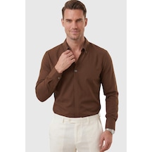 Rizzup Kahve Slim Fit Kolay Ütülenebilir Açık Dik Yaka Likralı Erkek Gömlek 2602615