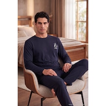 Buratti Yumuşak Dokulu Minimal Nakışlı Uzun Kollu Pijama Takımı Erkek Pijama Takımı 6575009 Lacivert