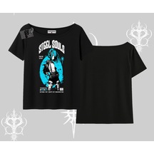 Startmore Kayık Yaka Tshirt Anime Cyberpunk Kız Baskılı Siyah