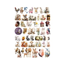 44 Adet Sevimli Hayvanlar Vintage Sticker Seti - Etiket Seti Sketchbook Çok Renkli