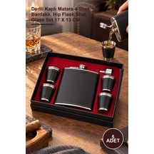 5 Adet Matara Seti Derili Kaplı Matara 4 Shot Bardaklı, Hip Flask Shot Glass Set 17 X 13 Cm