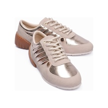Kadın Süet Sneaker Gold Metalik Detaylı Günlük Spor Ayakkabı Telora Bej Gold Altın