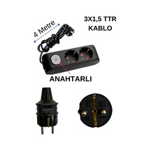 Avarson 2'li İkili Priz Topraklı Anahtarlı Kablolu Siyah 3x1,5 Ttr 4 Dört Metre