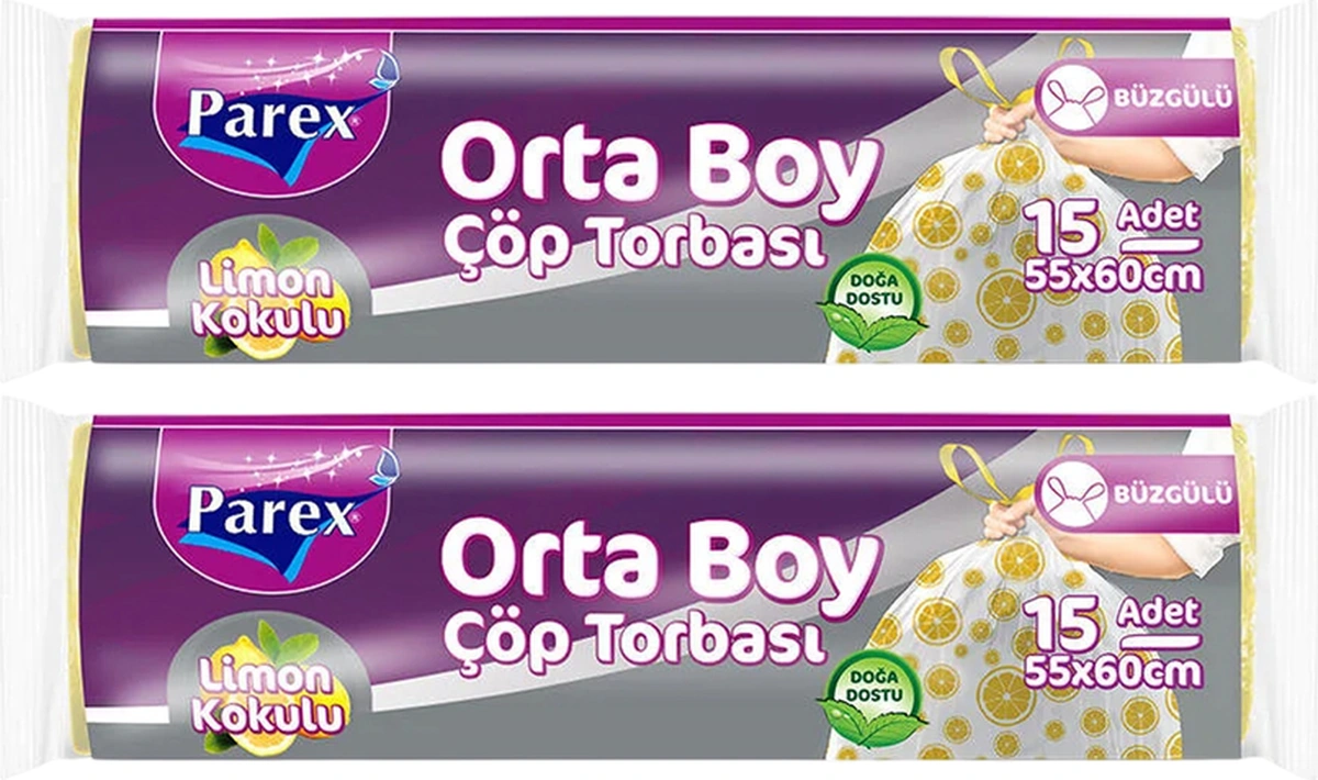 Premium Büzgülü Çöp Torbası Limon Kokulu 15'li Orta Boy 55 X 60 Cm İkili Paket