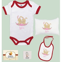 Bk Kids Kişiye Özel İsimli 5 Parça Kırmızı Bebek Body Zıbın Yastık Hediye Seti, Yeni Doğan Bebek Giyim Hediyesi-3