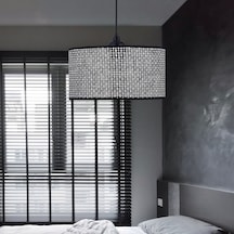 Rakkas Hasır Kaplama Metal Kasalı Silindir Kırçıl Siyah Avize Salon Yatak Odası Rattan Sarkıt Siyah - Beyaz