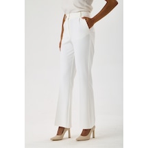 Velnara Moda Kırık Beyaz İspanyol Paça Cepli Yüksek Bel Dokuma Kumaş Kadın Pantolon Beyaz - 918305891 Beyaz