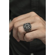 Süleyman Mührü Desenli Mikro Taşlı 925 Gümüş Erkek Yüzük