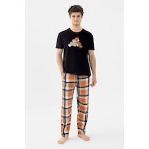 Koza İç Giyim Erkek Kısa Kollu Pamuklu Ekose Desenli Ayıcık Baskılı Pijama Takımı Ko60101 Turuncu