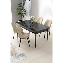 Canisa Concept Nil Serisi 70x110 Sabit Mutfak Masası Takımı Siyah Mermer Desen Masa 4 Krem Sandalye Krem Sandalyeler Siyah Masa