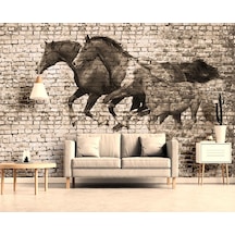 3D Taş Desen Duvar Koşan Atlar Duvar Kağıdı