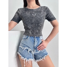 Defymoda Kalp Nakışlı Asit Yıkamalı Bluz S3479 Antrasit