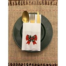 Yılbaşı Zarif Kırmızı Fiyonk Baskılı Kanguru Cepli Peçete Beyaz12 Adet