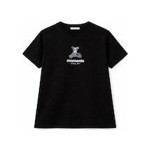 Mixray 2058 Kadın %100 Pamuk Ayıcık Baskılı Bisiklet Yaka T-shirt Siyah Siyah