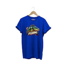 Fishing Balıkçılık Baskılı Levrek Balığı %100 Pamuk Regular Fit Bisiklet Yaka Mavi T-shirt Mavi